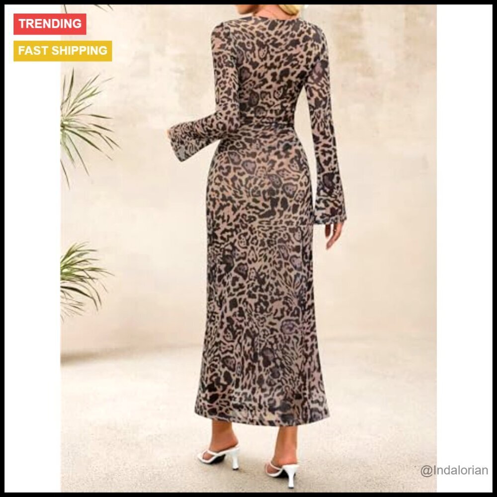 Long Sleeve Floral Bodycon Maxi Dress Ruched Mesh Wedding Guest Cocktail Party - Picture 4 of 7